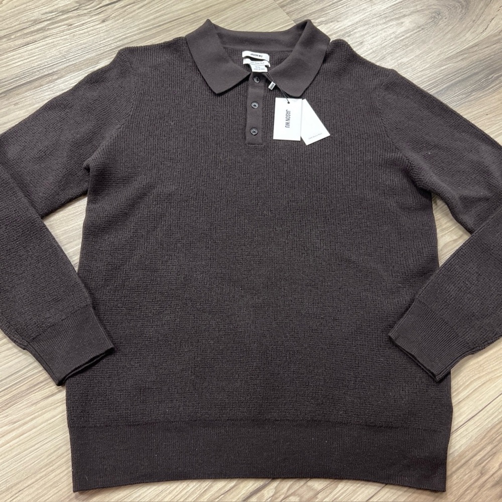 JASON WU 100% Merino Wool Waffle Knit Polo Sweater Brown Men’s Size Medium NWT